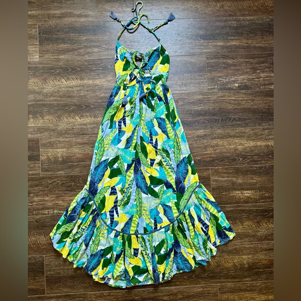 Aerie Paradise Palm Green‎ Blue Halter Cutout Maxi Dress Women’s XS - Picture 2 of 7